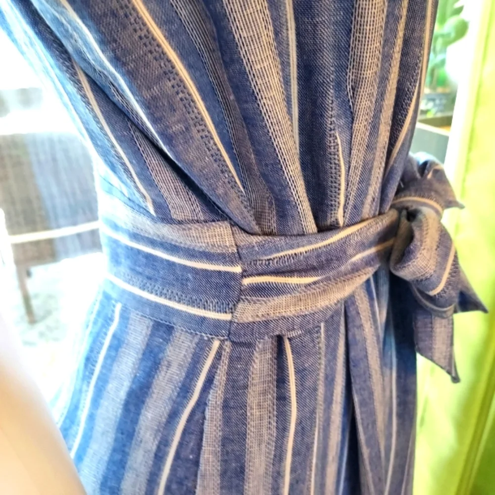 Calvin Klein Striped Linen & Rayon Jumpsuit in a Denim Blue & White. - Picture 11 of 16